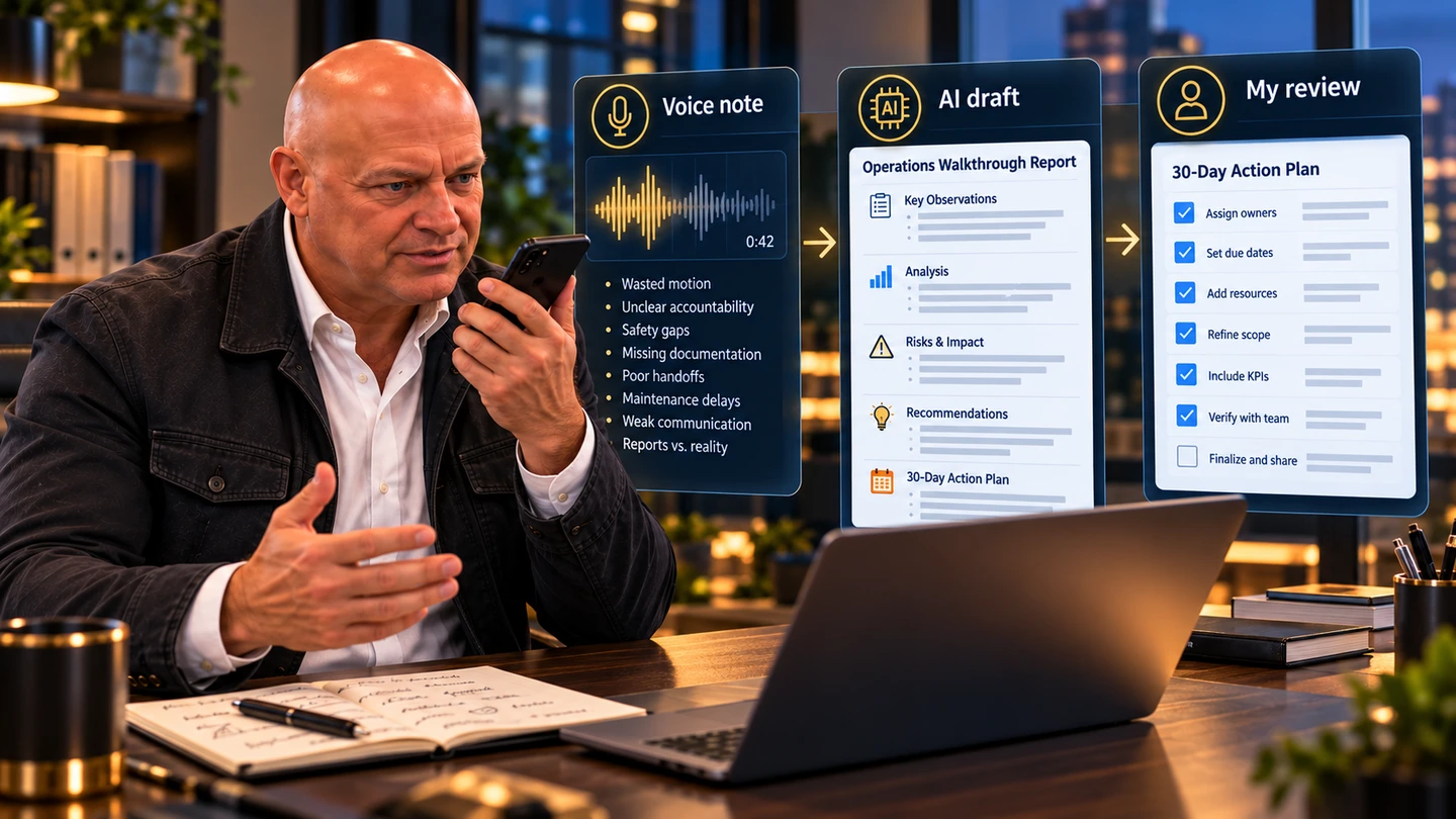 Illustration: Voice notes → AI structure → human-reviewed plan. My avatar demonstrates the article’s AI lesson.